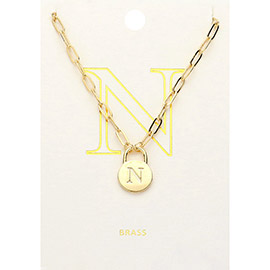 -N- Brass Metal Monogram Lock Pendant Necklace